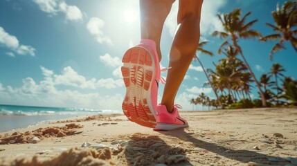 Running on a sunny beach, legs in pink sneakers, with palm trees in the background