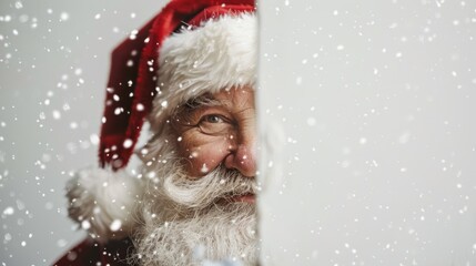 Santa Claus peeking from behind a white wall with snowflakes falling