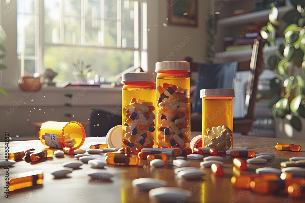 Aufkleber multiple prescription pill bottles sit on a wooden table, with caps open and pills scattered around.