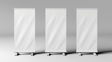 Three white blank roll-up banners on a gray background