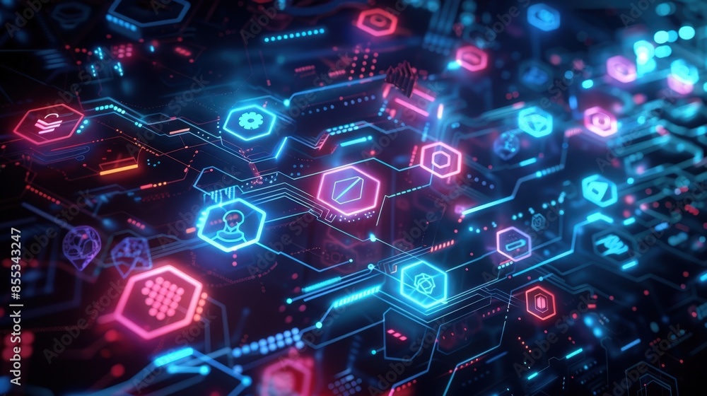 Aufkleber digital abstract art with glowing neon elements on a grid background