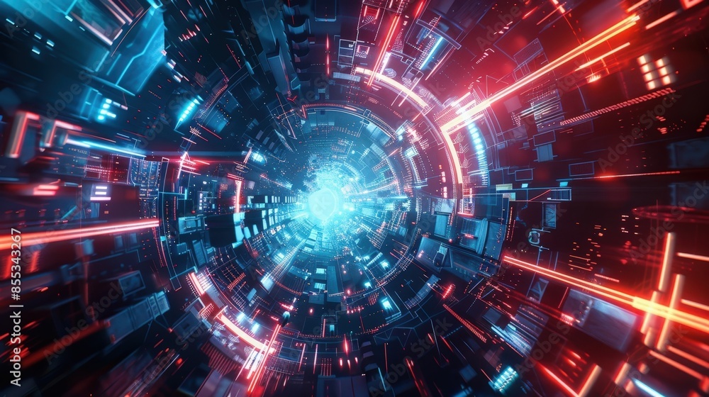 Poster high-tech sci-fi cyber space illustration with abstract patterns and futuristic digital tunnel