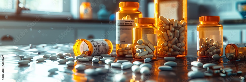 Fototapete An image of several prescription pill bottles with their caps open and various pills scattered around on a table in a home setting. Generative AI