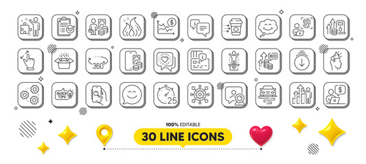 Friends chat, Card and Brand ambassador line icons pack. 3d design elements. Education idea, Money profit, Survey checklist web icon. Video conference, Scroll down, Smile chat pictogram. Vector