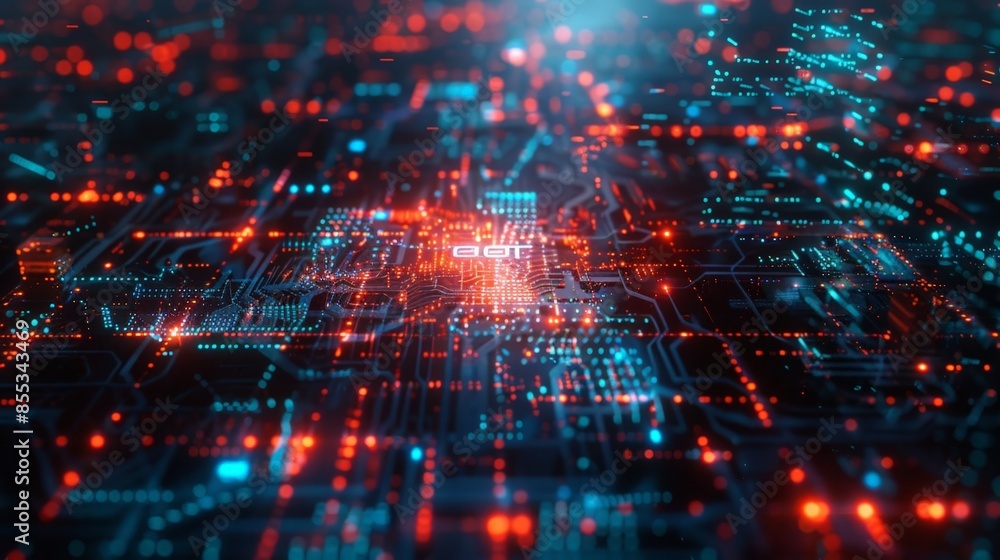 Poster high-tech data center with intricate network connections and glowing red lights