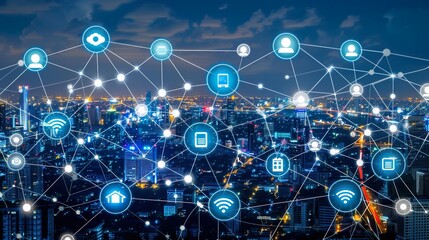 Urban Technology Network With Secure Digital Communication Symbols At Night