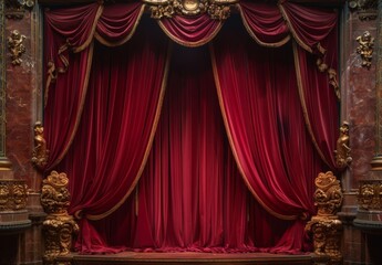 Theatrical Stage Curtain with Rich Red Velvet and Gold Decorations
