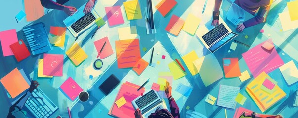 Vibrant Startup Team Brainstorming Creative Ideas with Post-it Notes and Laptops