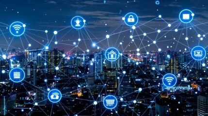 Digital Communication Network Icons Over Urban Night Skyline With Technology