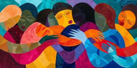 Gathered in Embrace: A Colorful, Artistic Display of Human Interaction and Affection