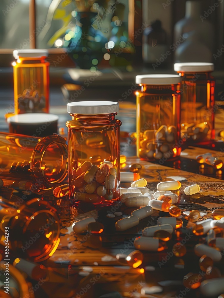 Aufkleber a close-up image showing multiple prescription pill bottles with their caps open and pills scattered