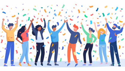Happy Young Entrepreneurs Celebrating Milestone with Confetti and High-Fives - Detailed Illustration