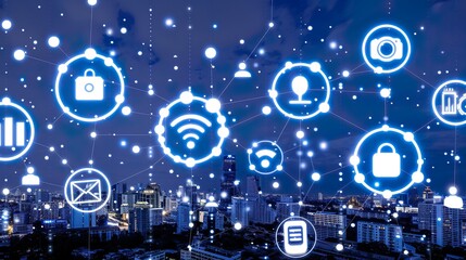 Wireless Network Connectivity Icons Over Modern Urban Skyline At Night