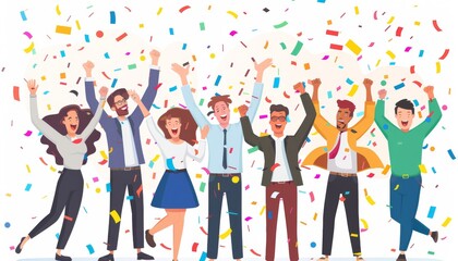 Obraz premium Successful Young Entrepreneurs Celebrating Milestone Achievement with Confetti and High-Fives in Detailed Illustration