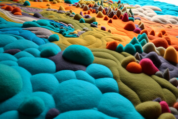 Colorful natural landscape made of felt for playing by children. Handmade decorative panel, close up