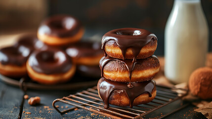 Chocolate is dripping down a stack of delicious donuts