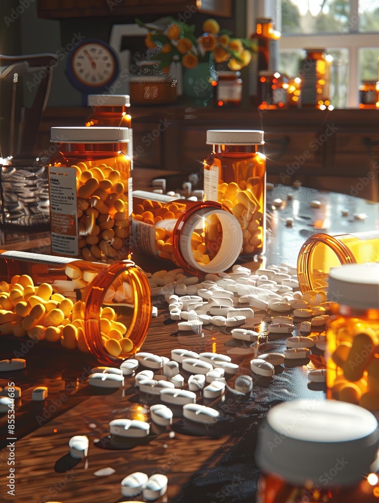 Aufkleber open prescription pill bottles with spilled pills on a table top with a blurred background of a home
