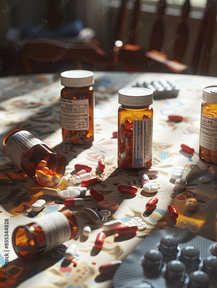 Fototapete An image of a table with multiple prescription pill bottles, some with their caps open. Various pills are scattered around, creating a scene of disarray. Generative AI