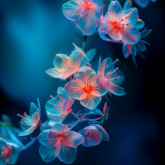 A string of Abstract and futuristic, alien,  orchid style flower with transparent petals, vibrant orange and deep blues, delicate, see through, beautiful.