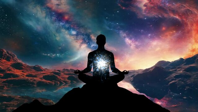 Man silhouette in an yoga meditation pose  highlighting the Hindu Chakras against energy background