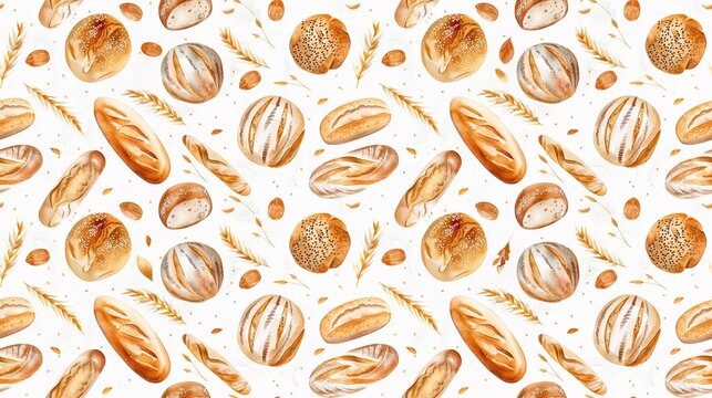Bakery products doodle beige seamless pattern. Watercolor background included line icons as - pretzel, croissant, bagel, donut, challah, baguette, cinnamon roll. Wallpaper for bread and confectionery