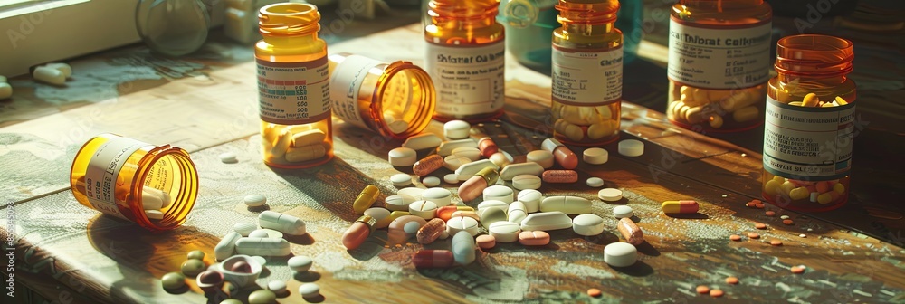 Poster an image of prescription pill bottles with their caps open and various pills scattered on a table. g