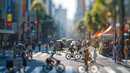 Obraz premium A busy city street with many people and bicycles