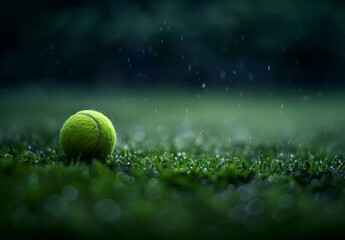 Rainy Night Tennis Ball on Grass with Drops