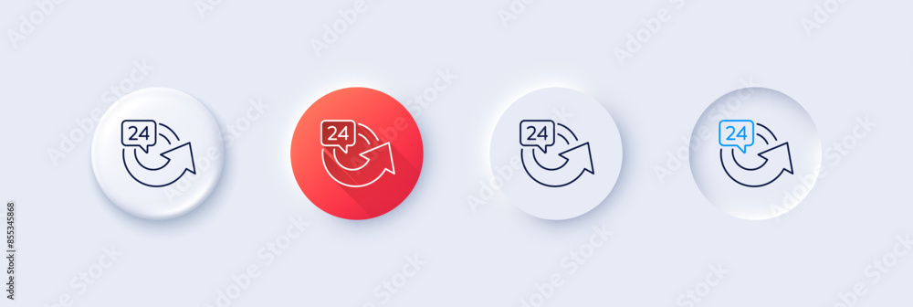 Poster 24 hours service line icon. neumorphic, red gradient, 3d pin buttons. repeat every day sign. refund 