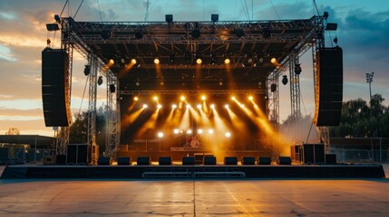 A wide shot of a concert stage with lighting equipment and speakers, set up outdoors at sunset. The...