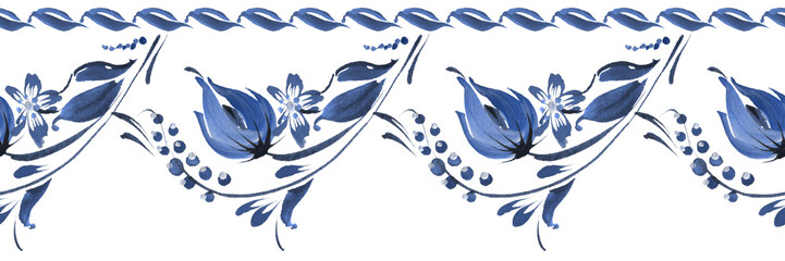 Floral seamless border pattern from blue colored flowers and leaves on a white background