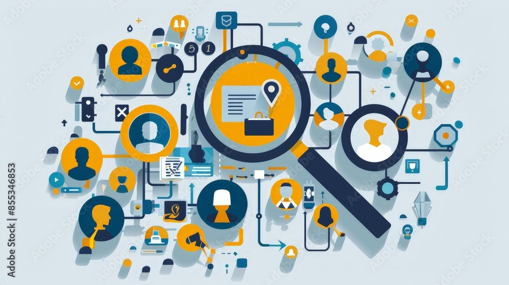 Poster conceptual illustration of digital data integration and analysis for business intelligence