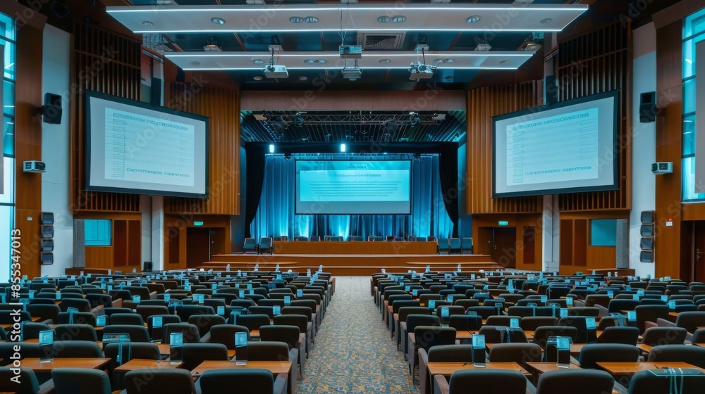 Poster a wide shot of an empty auditorium with rows of seats facing a stage with a large screen.