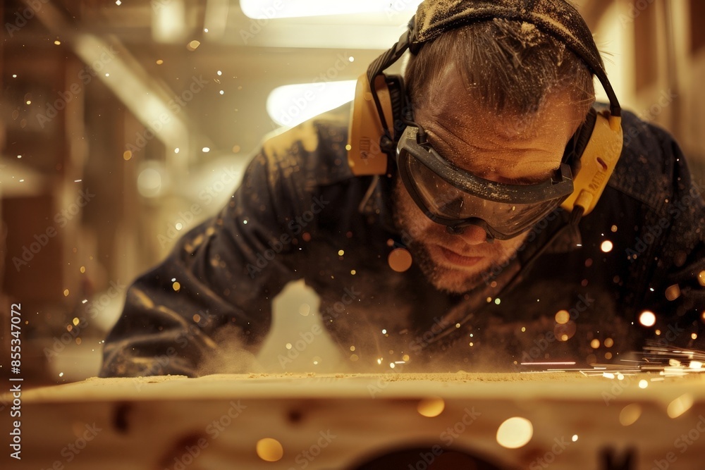 Poster skilled worker in spacesuit, focused on precision task