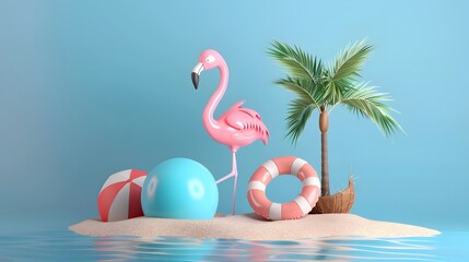 Obraz premium 3D render, minimal Summer background with empty podium or pedestal platform for showing product, cosmetic scene for mock up, beach swim elements decoration.