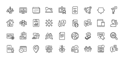 Calendar time, Document and Build line icons pack. AI, Question and Answer, Map pin icons. Teamwork, Ranking, Report web icon. Money currency, Certificate, Air fan pictogram. Vector