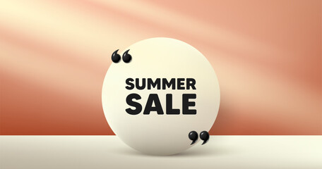Summer Sale tag. Circle frame, product stage background. Special offer price sign. Advertising Discounts symbol. Summer sale round frame message. Minimal design offer scene. 3d comma quotation. Vector