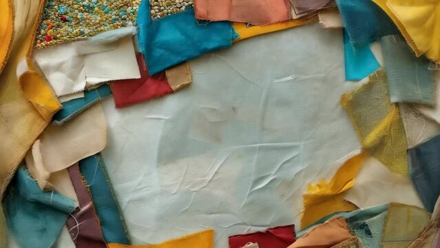 A vibrant collection of fabric scraps in various colors surrounds a blank white center. The textiles display rich hues of red, blue, yellow, and beige, creating a playful and artistic border.
