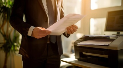 Obraz premium Professional Businessman Reviewing Files on Office Printer