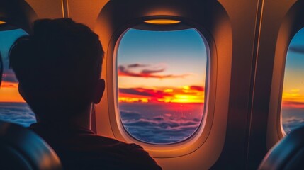 Fototapeta premium Sunset View from Airplane Window: Aerial Perspective on a Serene Sky