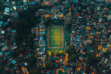 Aerial view of a football pitch in a densely populated urban area