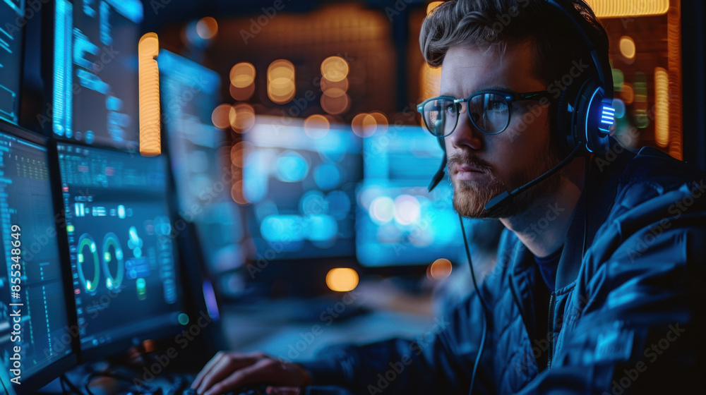 Poster a male programmer wearing headphones intensely focused on cybersecurity tasks in a high-tech operati