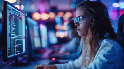A female developer with glasses coding in a modern, high-tech environment filled with computer screens and vibrant lighting.