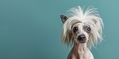 Chinese Crested dog on minimalistic colorful background with Copy Space. Perfect for banners, veterinary ads, pet food promotions, and minimalist designs.
