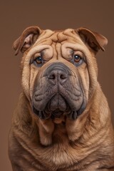 Obraz premium Chinese Shar-Pei dog on minimalistic colorful background with Copy Space. Perfect for banners, veterinary ads, pet food promotions, and minimalist designs.