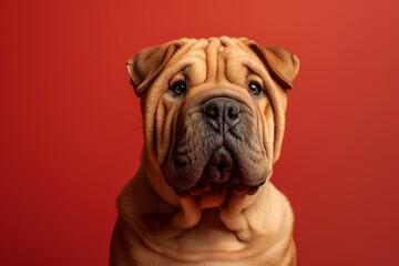 Chinese Shar-Pei dog on minimalistic colorful background with Copy Space. Perfect for banners, veterinary ads, pet food promotions, and minimalist designs.