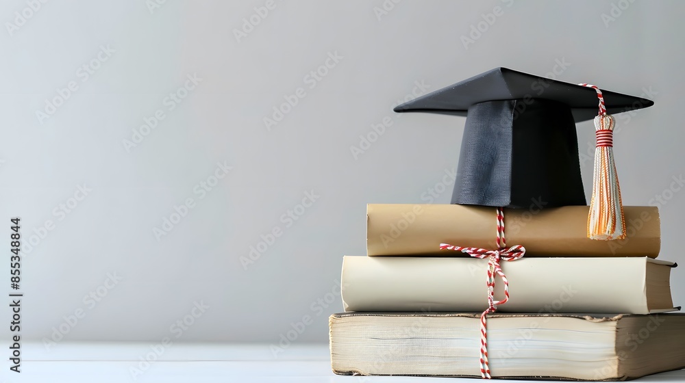 Wall mural Graduation day.A mortarboard and graduation scroll on stack of books with blue background.Education learning concept.
 - Wall murals