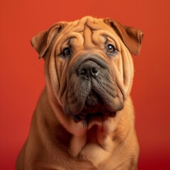 Obraz premium Chinese Shar-Pei dog on minimalistic colorful background with Copy Space. Perfect for banners, veterinary ads, pet food promotions, and minimalist designs.