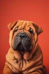 Obraz premium Chinese Shar-Pei dog on minimalistic colorful background with Copy Space. Perfect for banners, veterinary ads, pet food promotions, and minimalist designs.