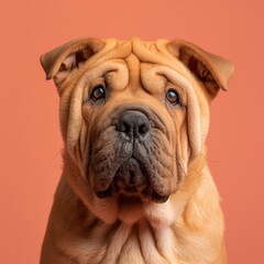 Obraz premium Chinese Shar-Pei dog on minimalistic colorful background with Copy Space. Perfect for banners, veterinary ads, pet food promotions, and minimalist designs.